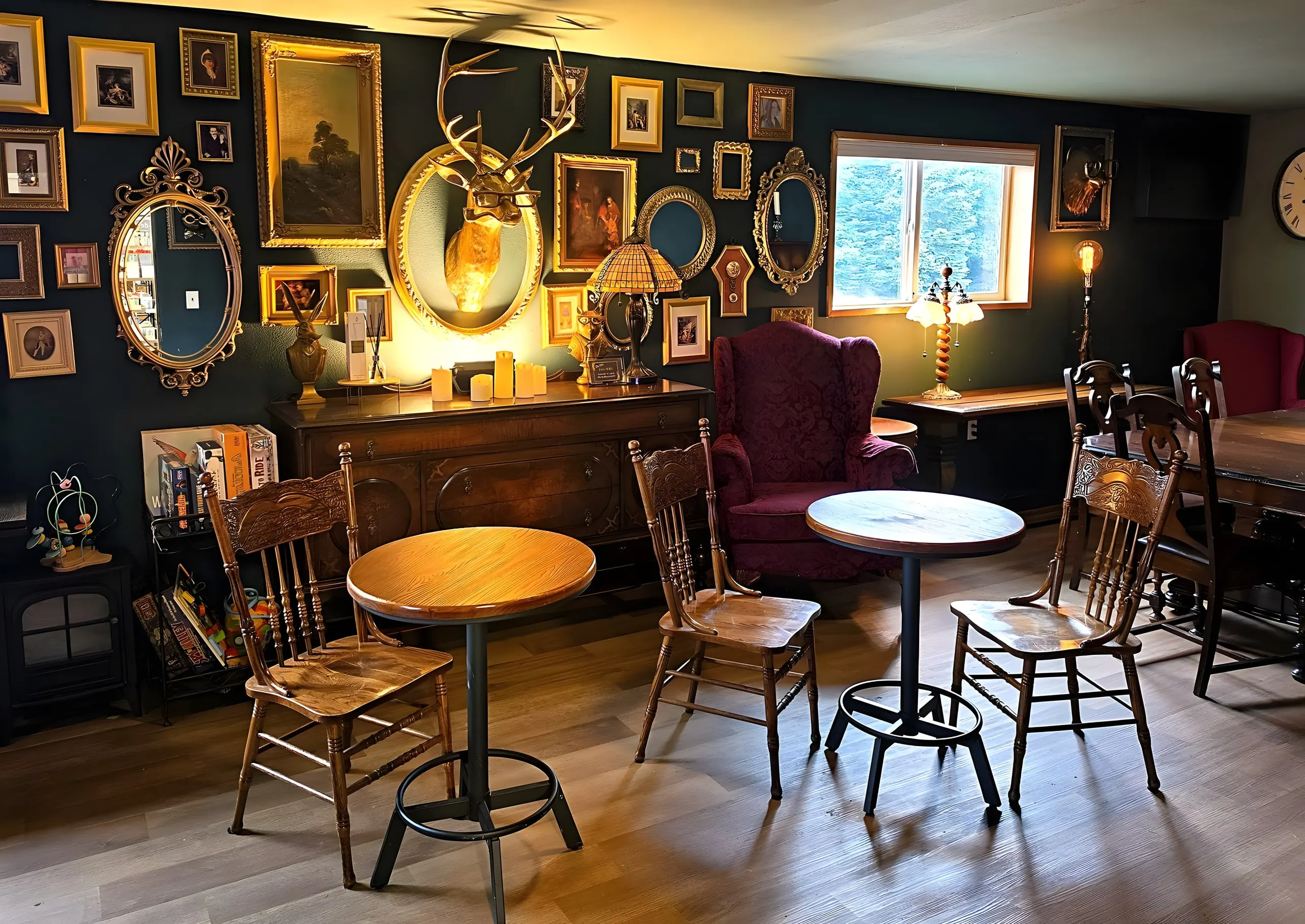 The gold-framed gallery wall and vintage lounge inside the Stellar Luxe shop in Yacolt, Washington